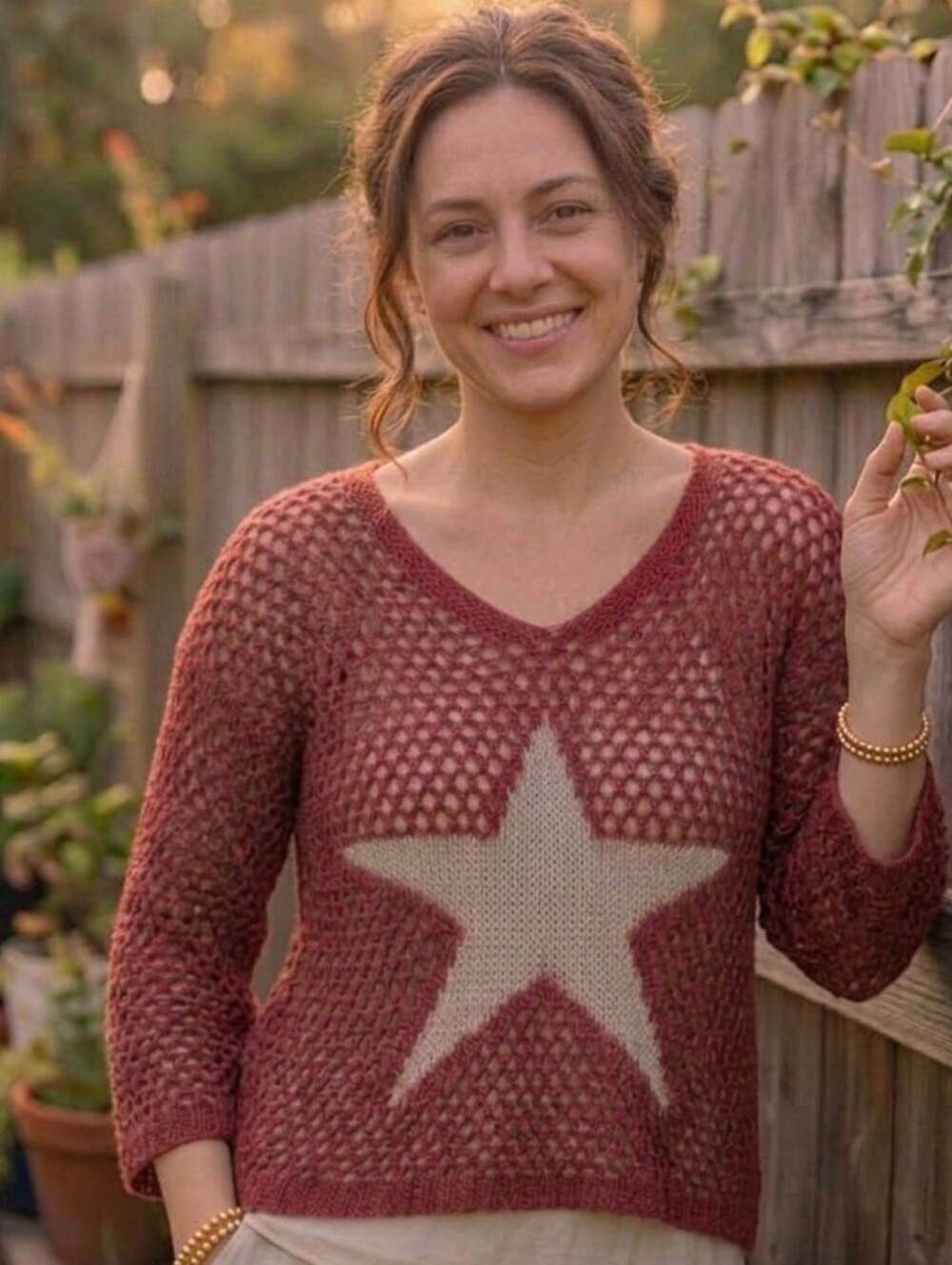 Made in Italy Boho Open Knit Star Sweater Crochet Pullover Loose Fit